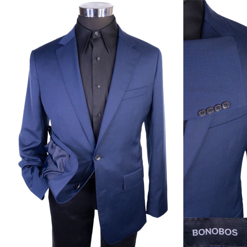 Bonobos Blazer Sport Coat 38L Solid Blue Wool Stretch Slim Fit 2 Button